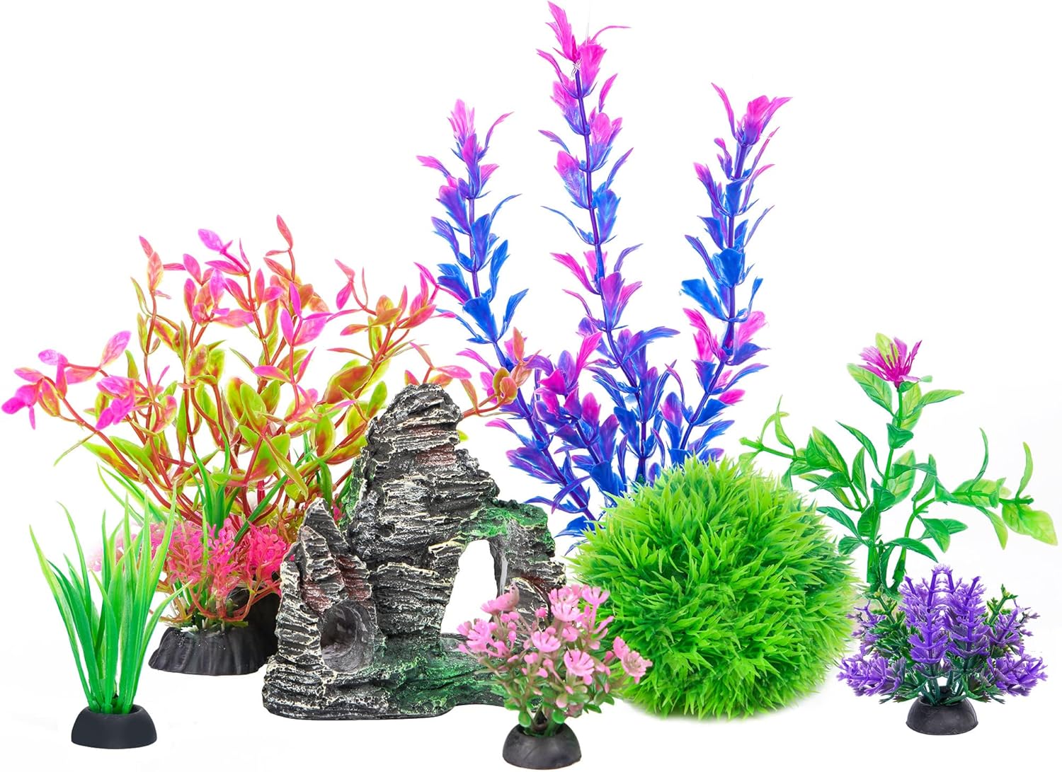 Planted Aquarium With Rocks - Aquarium Decor Set: Plastic Plants &