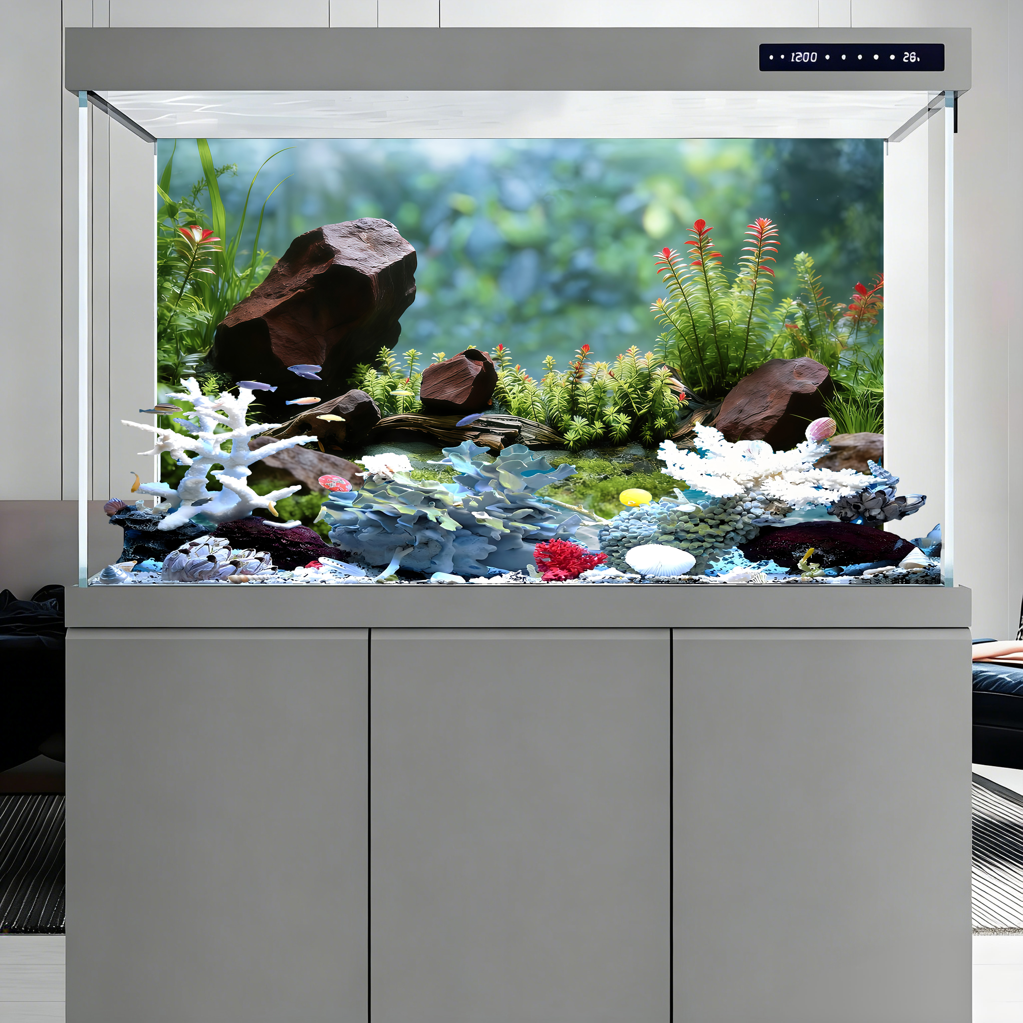 Red water plants，Fish tank bac - مراجعة Aquarium Planted Background وسعره